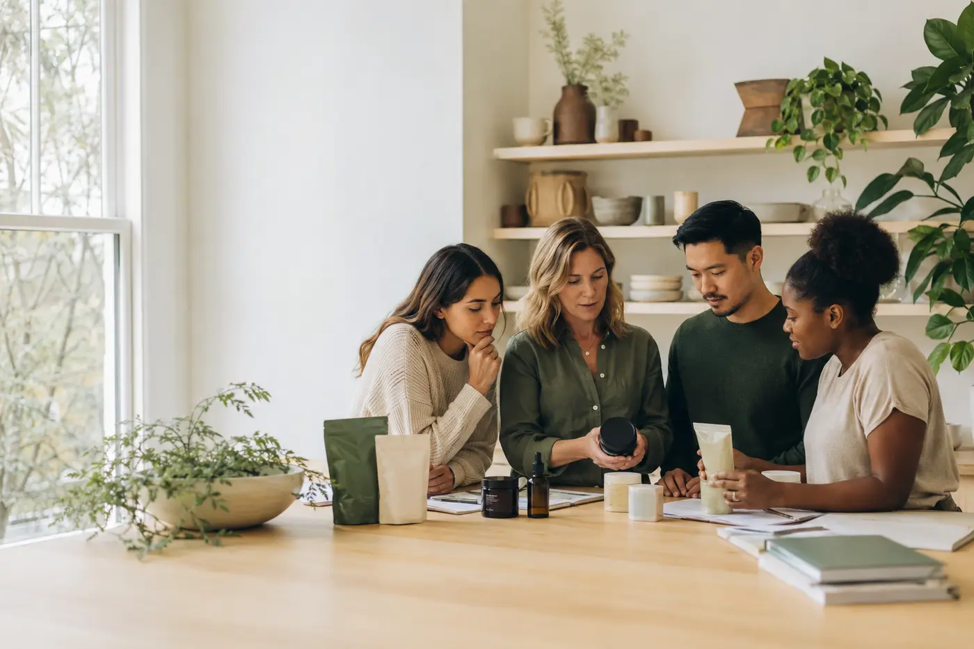 Maryand wellness team reviewing unbranded product packaging and product information at a studio table.