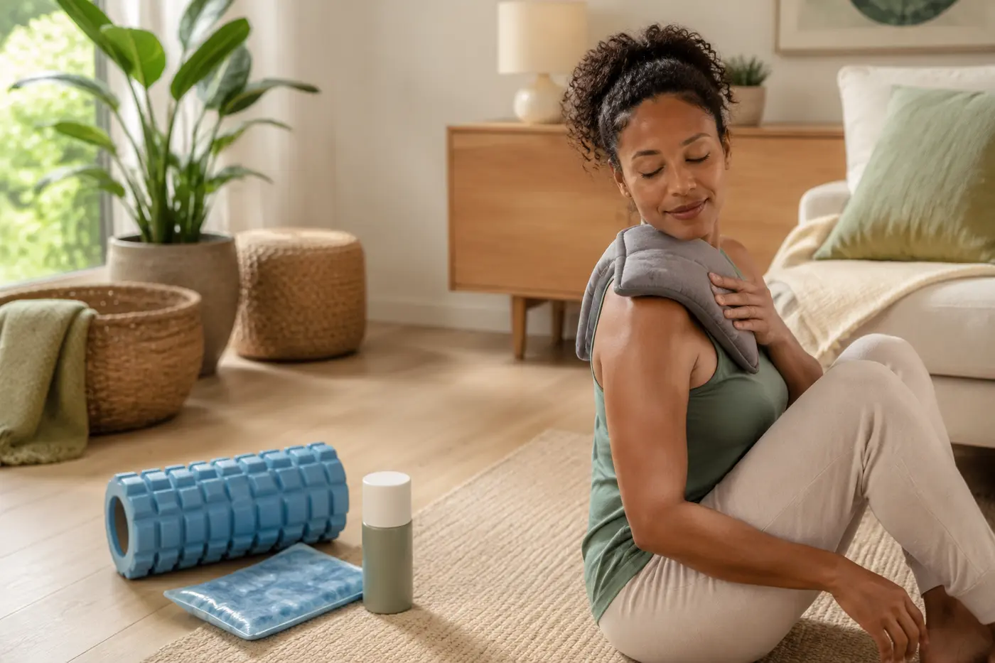Woman using a warm shoulder compress beside a foam roller, cold pack and topical comfort product.