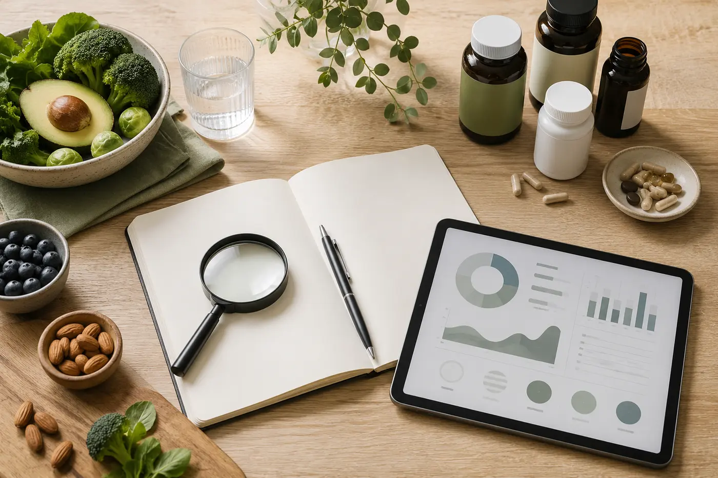 Notebook, magnifying glass, nutrition foods, supplements and tablet arranged for wellness product research.