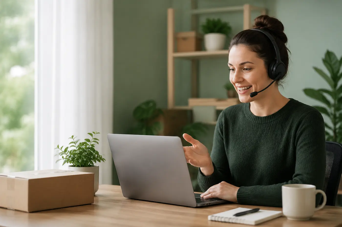 Customer support specialist helping with an online order from a calm home office.