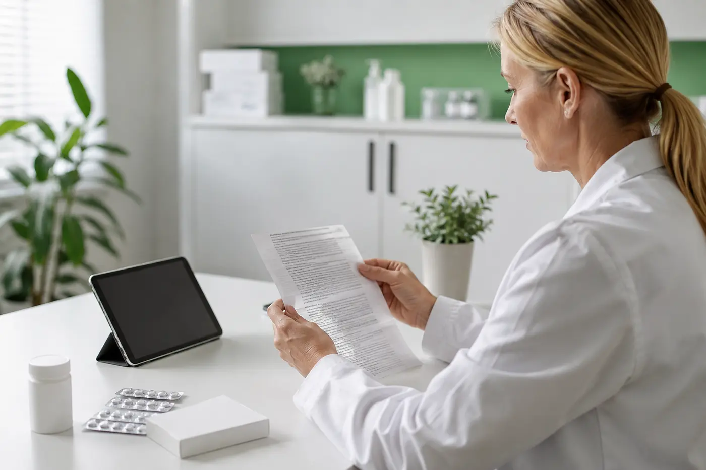 Health professional reviewing a medication information leaflet at a clean consultation desk.