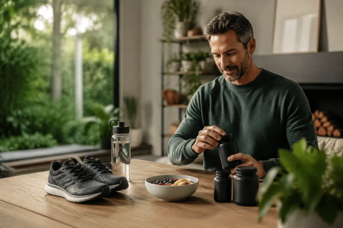 Man planning a daily wellness routine with breakfast, water, running shoes and unbranded supplements.