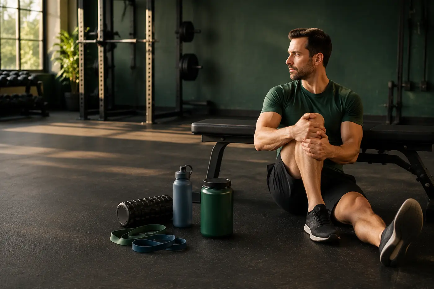 Athlete stretching after a workout beside water, a foam roller, resistance bands and recovery nutrition.