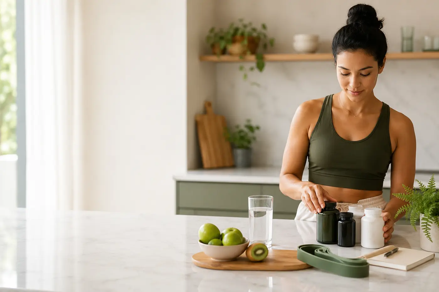 Woman organizing unbranded wellness products, fresh fruit and fitness accessories for an everyday health routine.