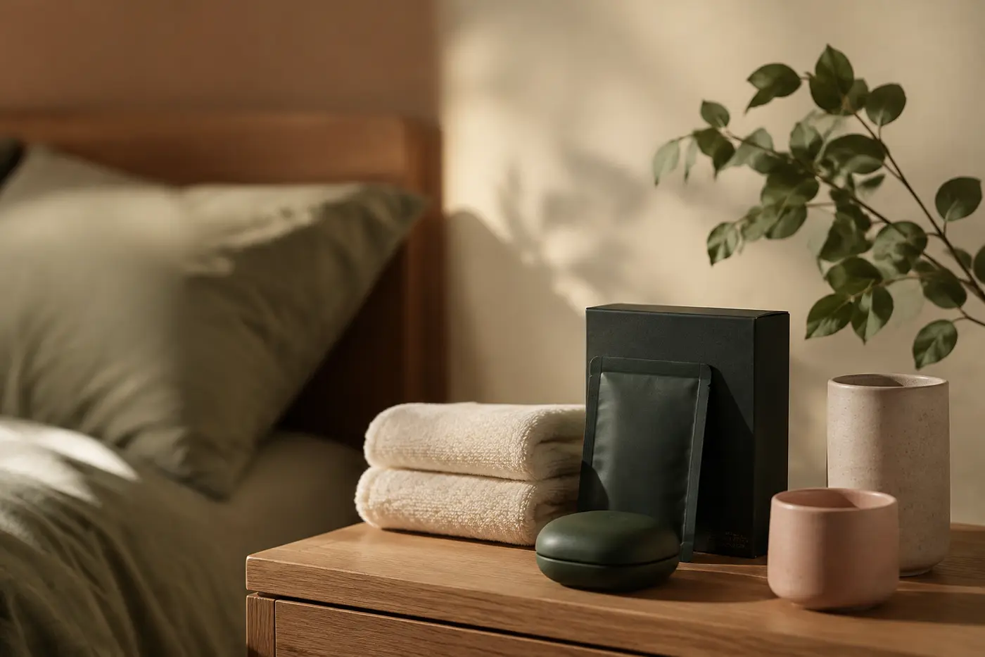 Discreet personal wellness packaging with folded towels and ceramic cups in a private self-care setting.