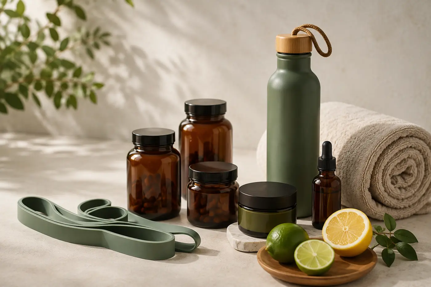 Unbranded wellness products, a water bottle, resistance bands, towels and citrus arranged for online shopping.