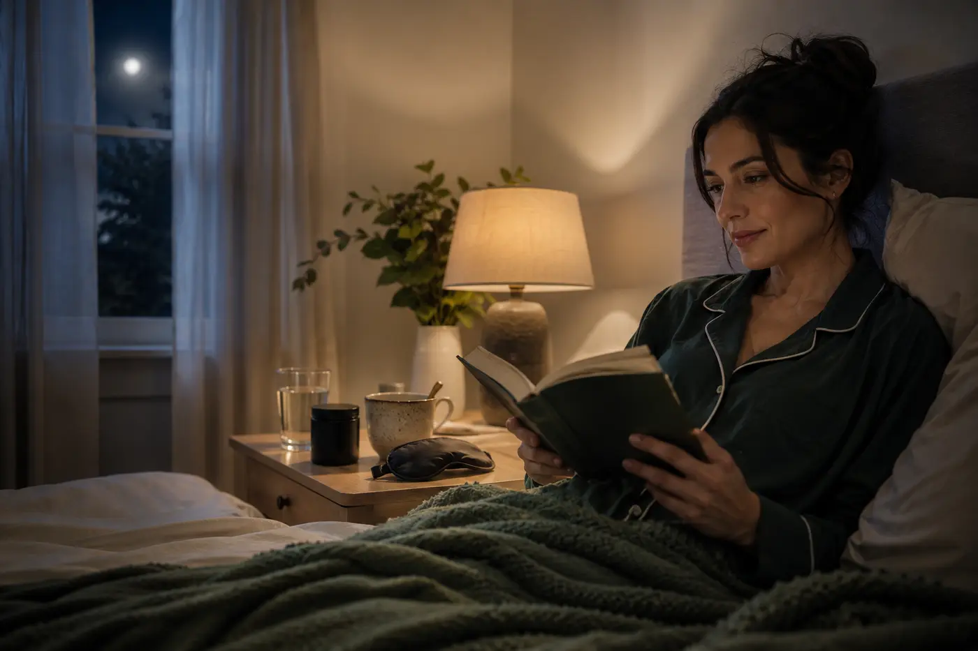 Woman reading during a calm bedtime routine with tea, water, a sleep mask and an unbranded supplement.