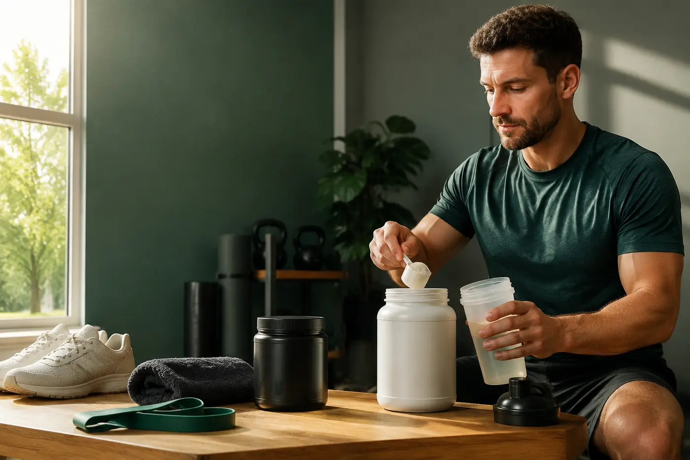 Athlete mixing workout nutrition beside unbranded supplement containers, training shoes and resistance bands.