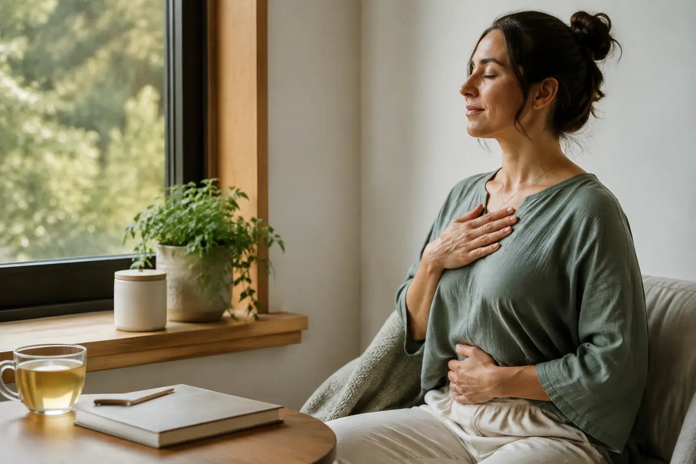 Woman practicing a breathing break beside herbal tea, a journal and a plant.
