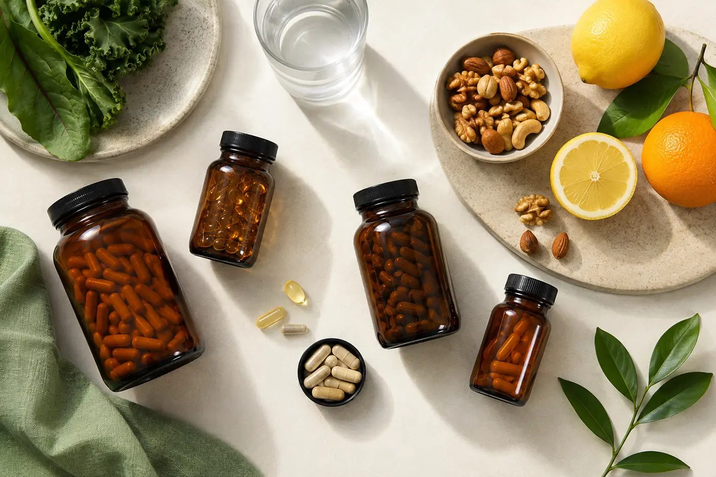 Unbranded vitamin and supplement bottles arranged with citrus, leafy greens, nuts and water.