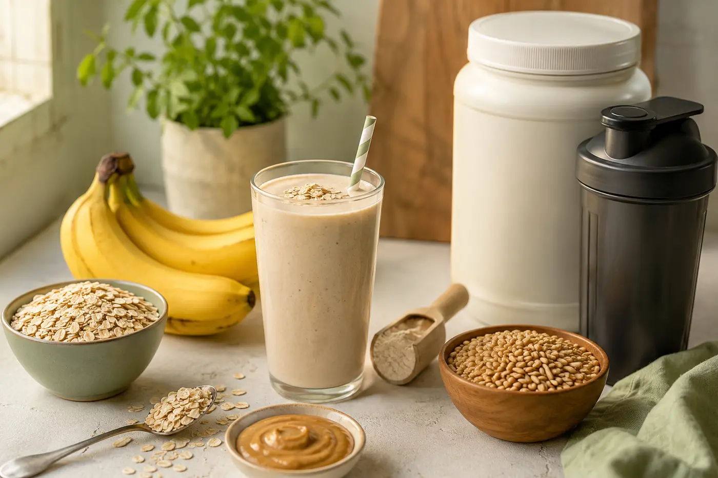 High-calorie nutrition smoothie with oats, bananas, nut butter and an unbranded nutrition powder container.
