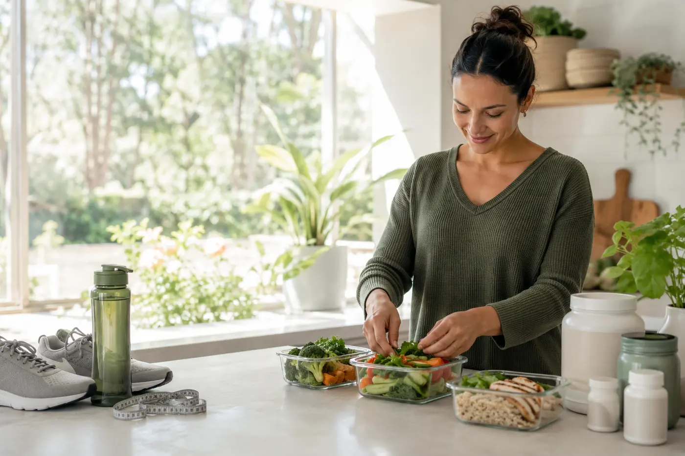 Woman preparing balanced meals beside water, walking shoes and unbranded weight management supplements.