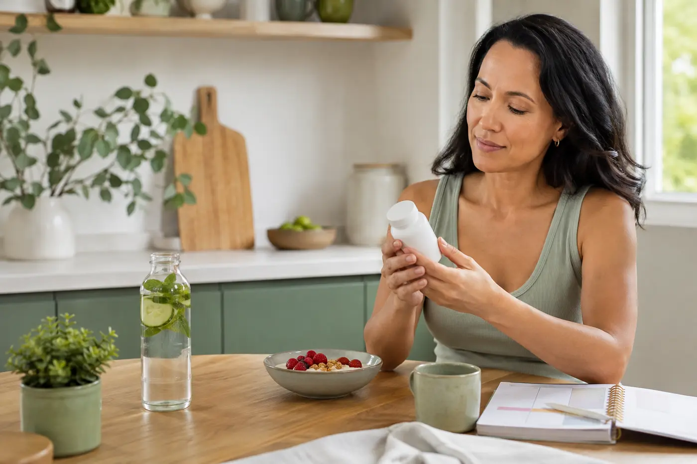 Woman reading an unbranded supplement bottle beside breakfast, water and a wellness planner.