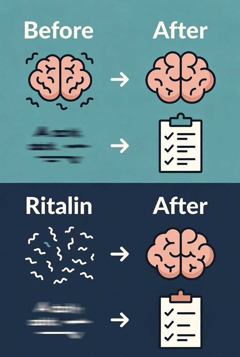 Before and after focus icons illustrating improved concentration with Ritalin or Adderall for ADHD treatment