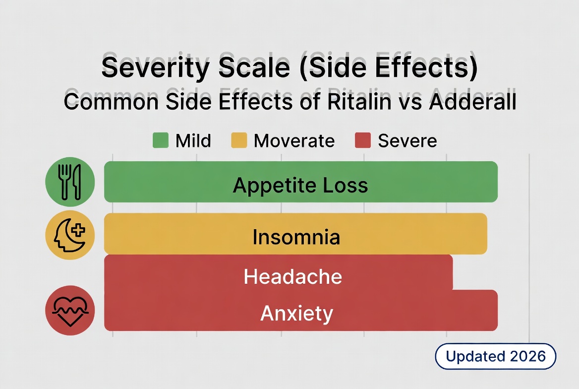 Color-coded severity scale comparing common side effects of Ritalin vs Adderall including appetite loss, insomnia, and anxiety