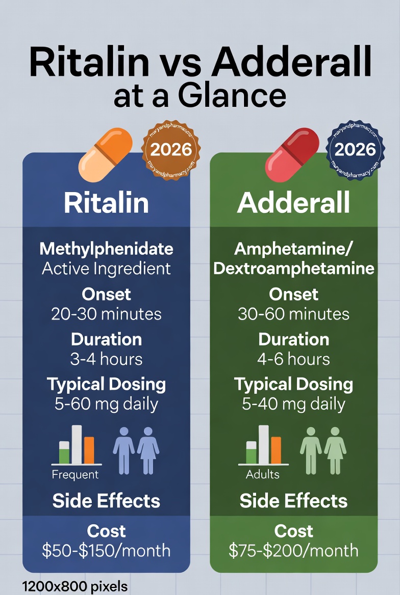 Ritalin vs Adderall 2026 comparison infographic showing key differences in ingredients, onset, duration, side effects, and cost