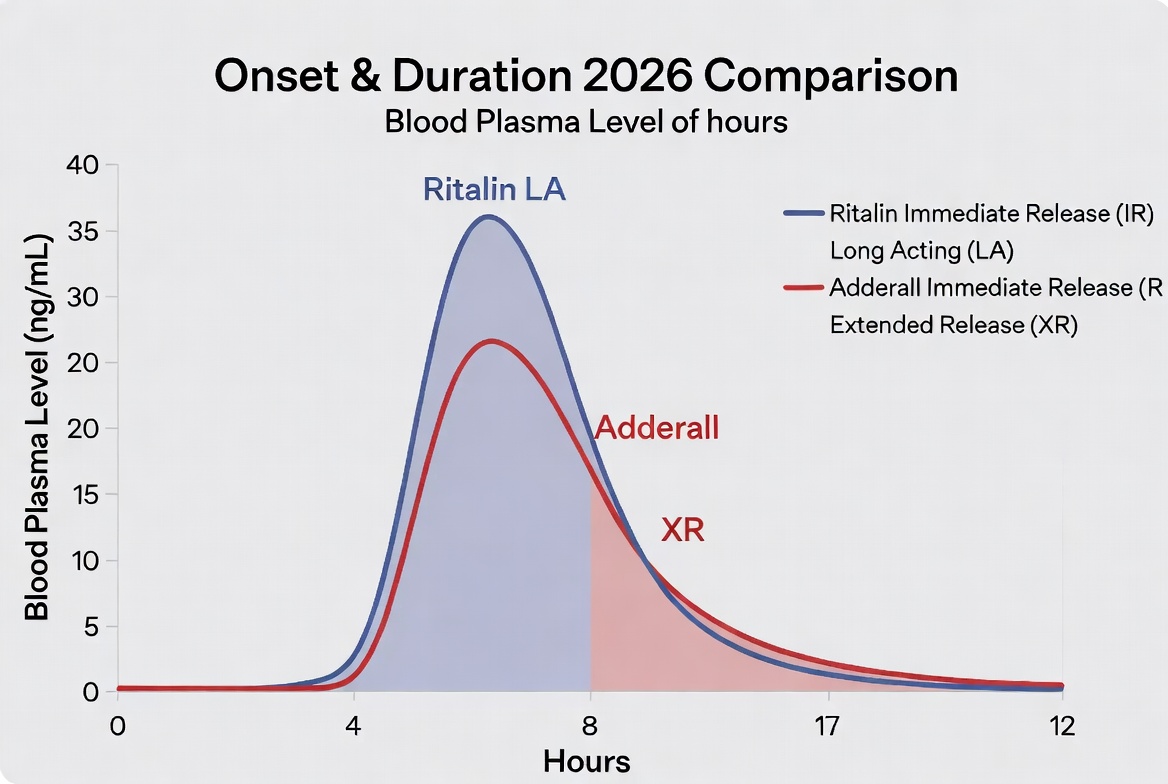 Blood plasma concentration timeline chart comparing Ritalin methylphenidate vs Adderall amphetamine onset and duration over 12 hours