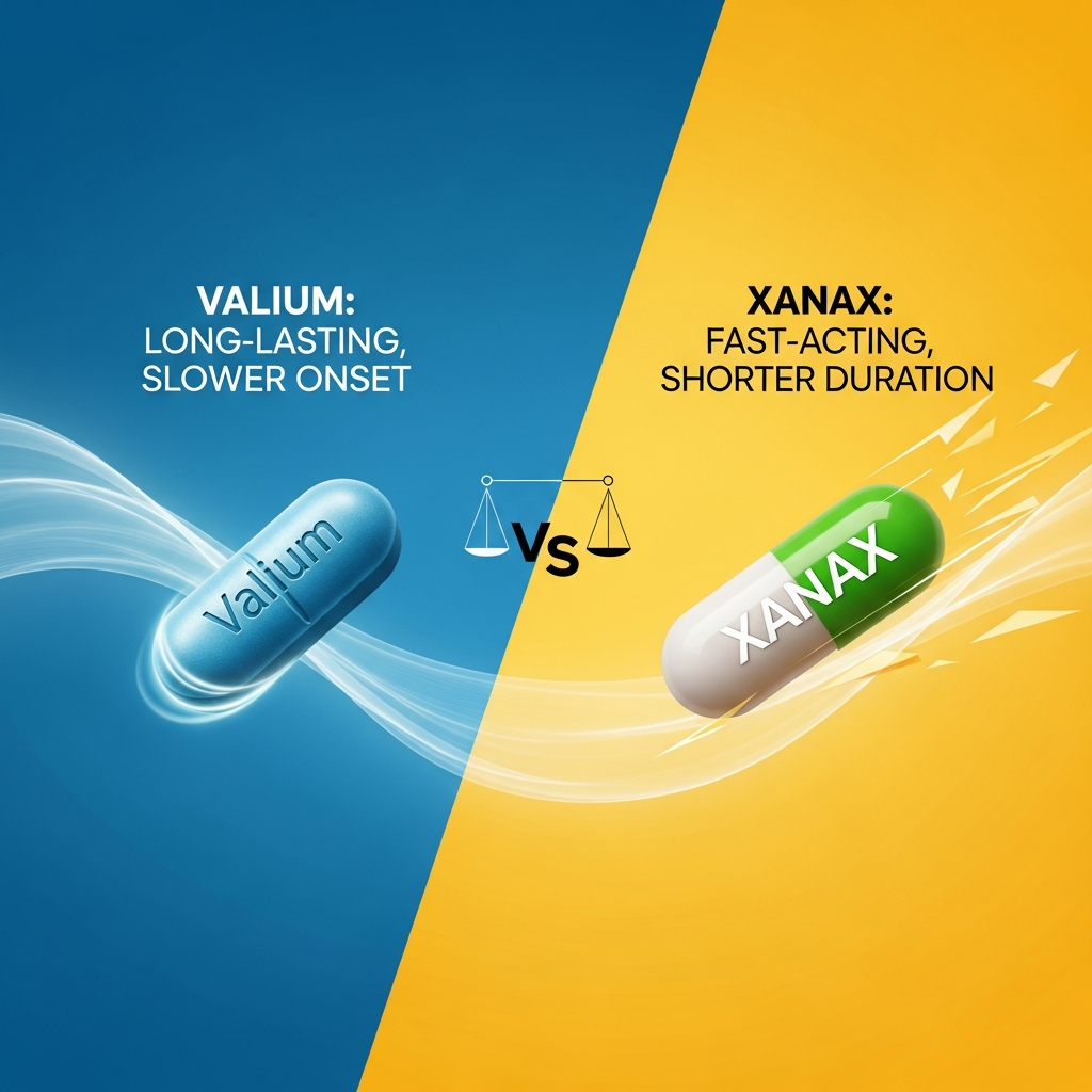 Comparison of Valium vs Xanax medications showing effects, duration, and dosage