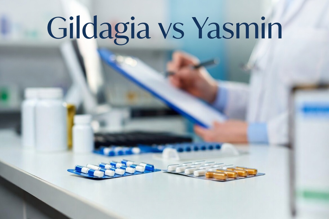 Pharmacist reviewing Gildagia and Yasmin prescription options